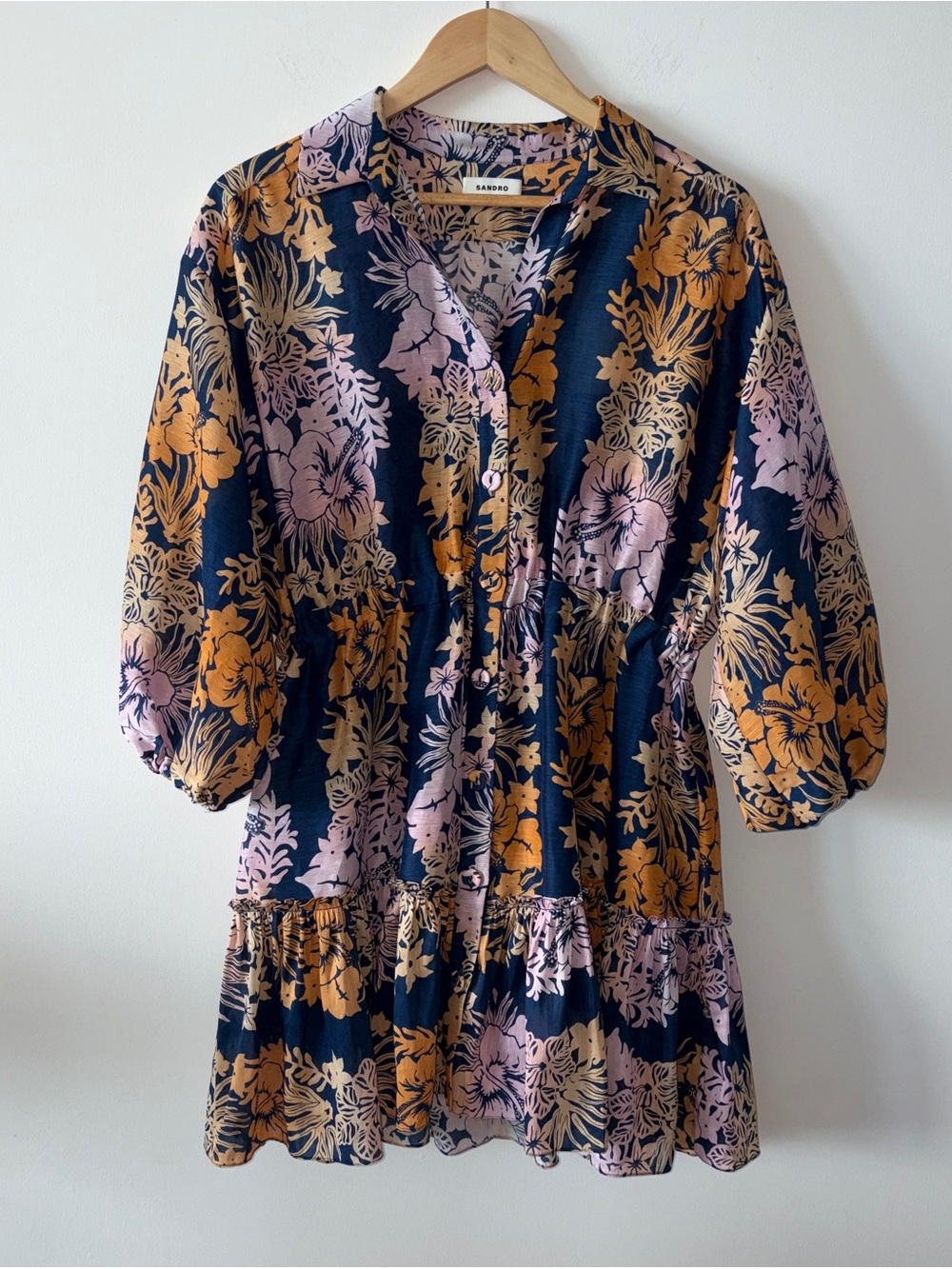 SANDRO Floral Print Linen and Silk Mini Dress